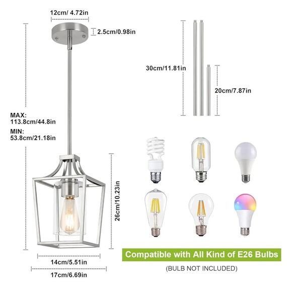 Brushed Nickel Lantern Pendant Light – Adjustable Height, - Picture 3 of 9